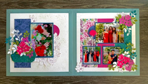 色とりどりの花で飾られたスクラップブックのページ。左側には大きな写真と花の装飾、右側には複数の家族写真が配置されている。