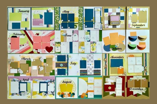 カラフルなスクラップブックのページが月ごとに並んでいるコラージュ。各月に関連するデザインやテーマが反映されていて、レイアウトが整っている。