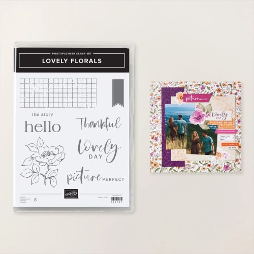 フォトポリマー・スタンプセット「ラブリーフローラル」と、花柄の飾りが施された写真コラージュ