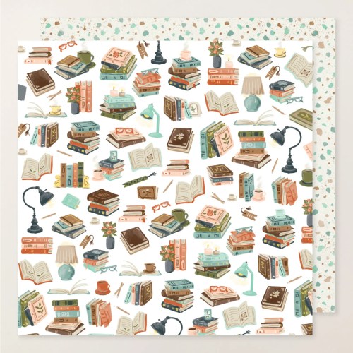 可愛らしい本や文房具が描かれたパターンのペーパーセット。色とりどりの図書やアイテムが並ぶデザイン。