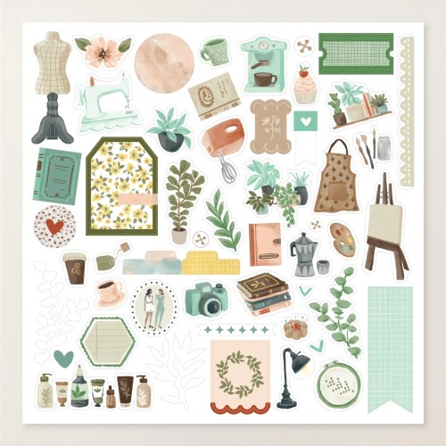 クラフト用のステッカーシート、さまざまなデザインやアイコンが含まれている。