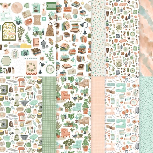 多様なデザインが施された手作り用のペーパーセット。様々なクラフト素材やモチーフが含まれ、複数のパターンが展開されている。