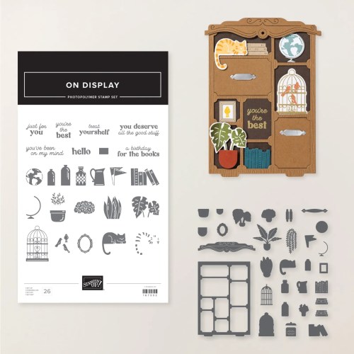Stampin' UpのOn Displayフォトポリマー スタンプセットとダイカットのセット、棚や小物がデザインされた作品作りに最適なアイテムです。
