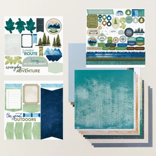 Various scrapbook elements including patterned papers and stickers themed around nature and adventure, featuring colors like green and blue.