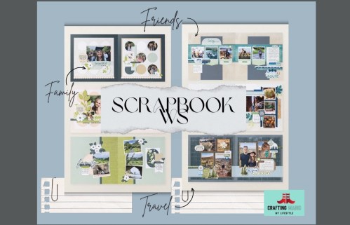 スクラップブックのデザイン例。家族、友人、旅行に関連するページが含まれている。