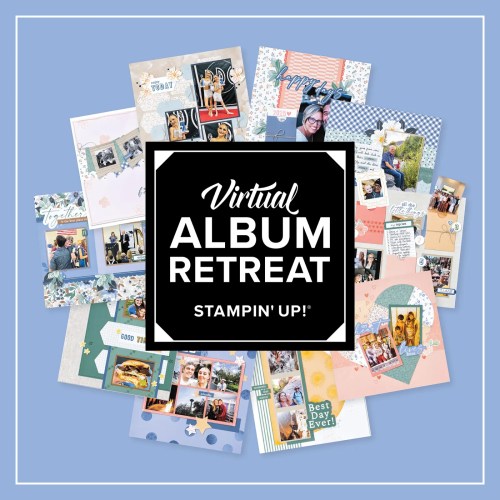 ヴァーチャルアルバムリトリートの宣伝画像。様々なアルバムページが配置され、中心に"Virtual Album Retreat"のテキストがある。