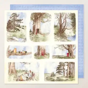 自然の中に描かれた木々と小屋のイラストが並んでいる
