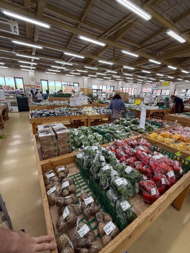 広々とした市場の内部で、さまざまな野菜が並べられている様子。手前に小袋詰めの野菜、奥にはお客さんがいる。