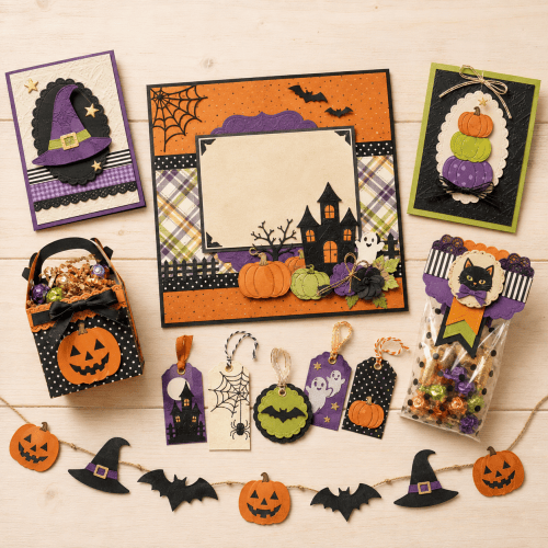 ハロウィンのテーマで装飾されたカードやタグ、かぼちゃの入ったバスケット、スパイダーウェブのデザインが施された素材が並べられている画像。