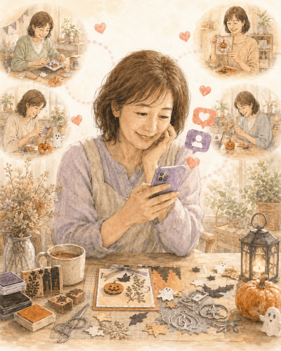スマートフォンを見ながら微笑む女性、背景に手作りのハロウィン装飾や趣味のアイテムが広がる温かい雰囲気のイラスト