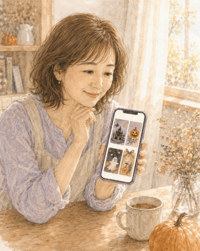 スマートフォンを見つめる女性、秋のインテリアの中でのリラックスしたシーン