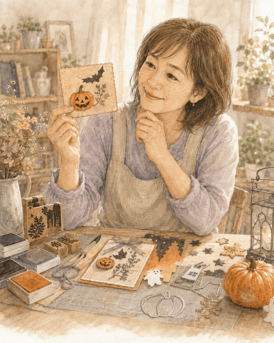 クラフトを楽しむ女性が、ハロウィンのカードを手にして微笑んでいるシーン。周りにはスタンプや素材が散らばっている。