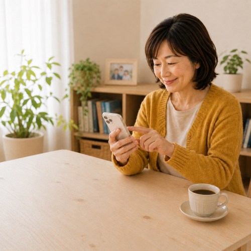 コーヒーを飲みながらスマートフォンを操作している女性