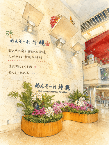 沖縄の那覇空港の内部、温かい雰囲気の植物ディスプレイとウェルカムメッセージが描かれている。