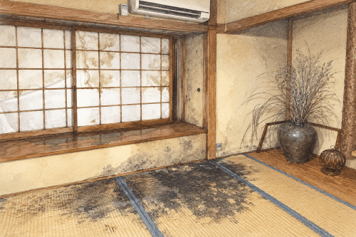 和室の一角、畳の上に黒ずみがあり、窓際には乾燥した植物が飾られた壺が置かれている。
