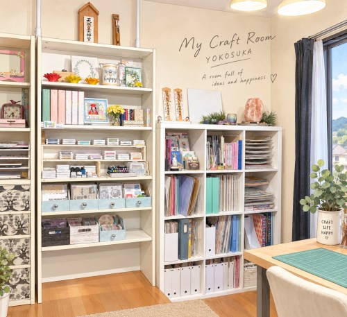 手作りの材料や本が整理された明るいクラフトルームの内部写真。壁には「My Craft Room YOKOSUKA」という文字があり、ウィンドウからは自然光が入っている。