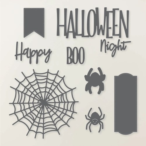 ハロウィンの装飾要素、クモの巣、クモ、バナー、テキスト『Happy』『Boo』『Night』を含むグラフィック