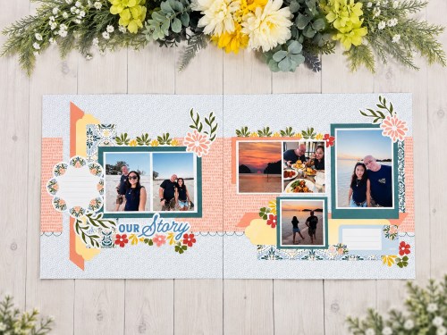 アルバムページに複数の写真が並び、中央には「OUR STORY」というテキストがあり、周囲には花のデザインが施されている。