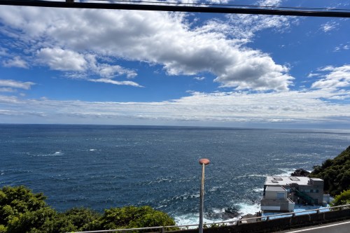 青い海と空の景色、波が打ち寄せる海岸、手前には緑の植物と建物が見える。
