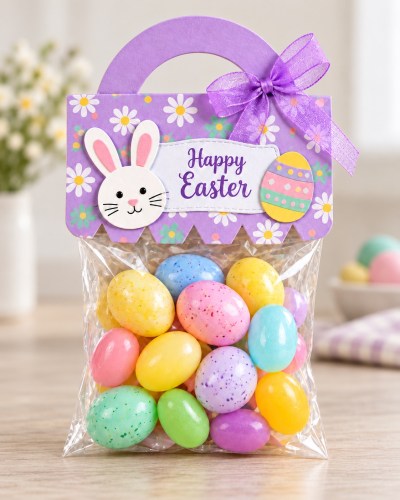 カラフルなイースターエッグが入った透明な袋で、紫のラベルにはウサギと「Happy Easter」の文字が描かれています。